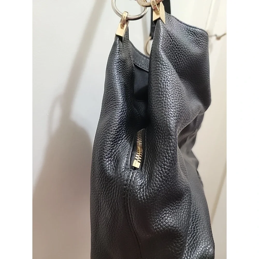 Vince Camuto Hobo Bag in Black Pebbled Leather Handbag Purse.  Gold Hardware